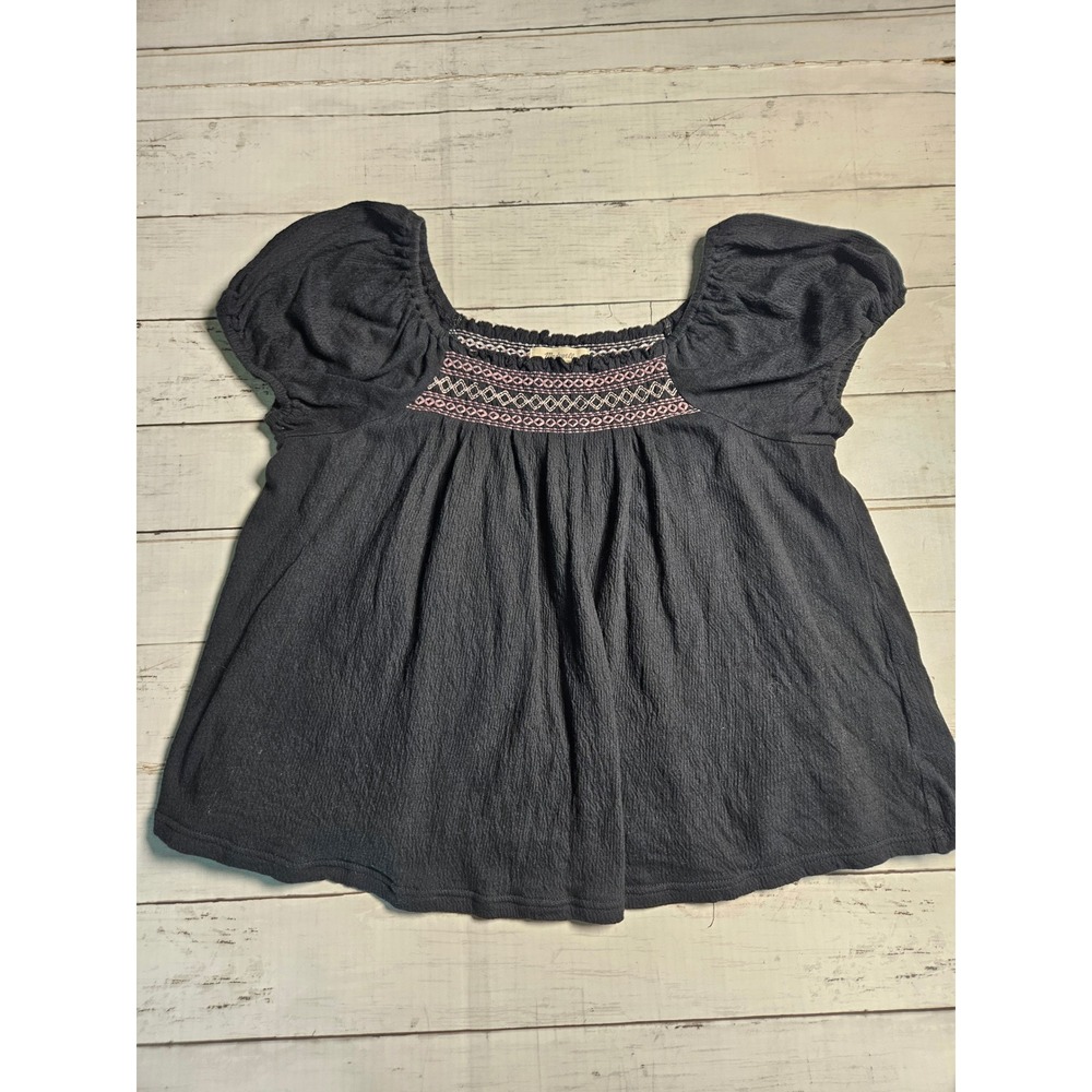 Madewell Womens XS Black Embroidered Smocked Puff Sleeve Peasant‎ Blouse Top